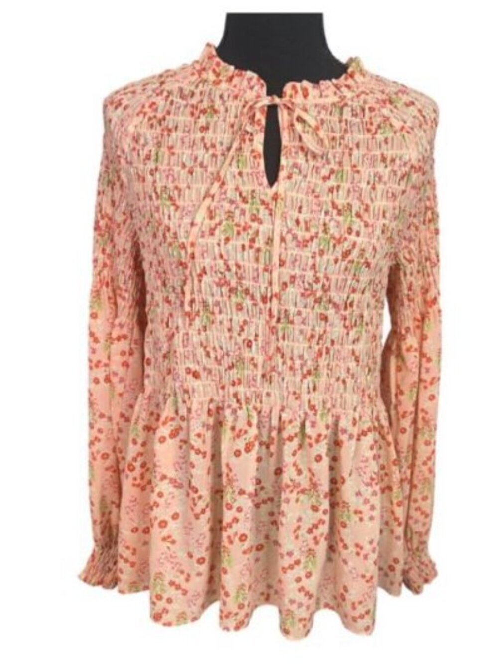 Rose + Olive Floral Smocked Peasant Blouse Sz M Long Sleeve Boho Baby Doll Top